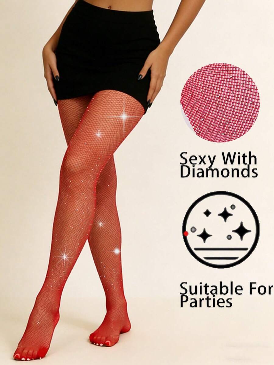 1/2 Pairs Red Rhinestone Fishnet Tights, High Elasticity Sparkly Glittery Style, Party Ready For Night Out & Club Wear - Multicolor - View 1