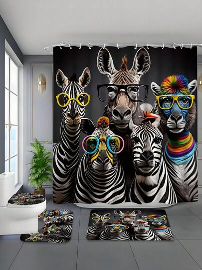 1/4pcs Modern Zebra Pattern Printed Waterproof Shower Curtain Set, Tranquil Healing Design, Waterproof Anti-Mildew, Thick Polyester, No Drill Installation, Non-Slip Bath Mat, Absorbent Toilet Pad, Digital Printing, Fade Resistant, Machine Washable, All Season, Holiday Limited Edition