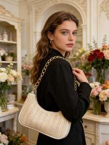 女士草编单肩包，金色链条肩带，夏季沙滩休闲手提包 - 米色 - 查看 7