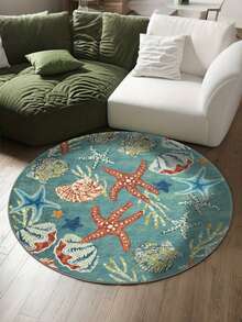 1pc Seashell & Starfish Round Rug - Fresh Coral Print Mat, Soft & Comfortable Round Carpet, Decorative Rug, Bedroom Decor, Small Rug, Carpet, Home Decor, Living Room Rug, Small Living Room Rug, Bedroom Rug, Living Room Home Decor, Outdoor Rug, Washable Rug - Multicolor - View 3