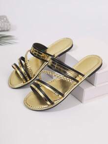 Women's Niche Metal Chain Striped Square Toe Flat Sandals, Retro Summer Beach Resort Style Gold Versatile Open Toe Slippers - Gold - View 8