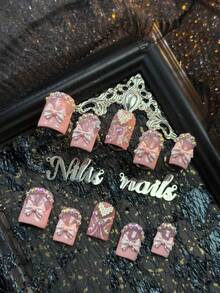 10片装手工全覆盖短方形亚克力美甲套装，西瓜粉美甲，西瓜粉法式美甲，手绘西瓜粉线条，3D粉色蝴蝶结、银色爱心、多颗珠光钻石及其他美甲配件，Y2K甜美少女风，亚克力美甲用品适合女性和女孩在主题派对、节日、日常、聚会和仪式中使用（包含：一片果冻胶和一条摩擦条）美甲用品 - 西瓜粉 - 查看 3