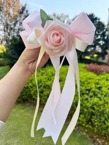 1个仿真玫瑰花汽车装饰蝴蝶结，浪漫缎带花朵饰品，适用于婚礼新娘车后视镜、门把手装饰 - 1PC - 查看 15