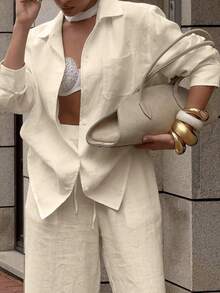 两件套纯色休闲优雅口袋纽扣衬衫和裤子套装，适合办公室和街头穿着，春秋季 - 杏色 - 查看 10