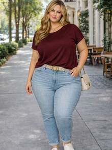 Blusa Plus Size modelo Elegante  feminina premium Manga Morcego Básica em Viscolycra Gola Redonda Confortável Casual - Vinho - Visão 6