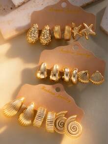 Set de 6/18 piezas de aretes con diseños de estrella de mar, concha, geométrico, gota de agua, caracol marino de CCB, adecuado para mujeres en la playa, vacaciones, fiestas y uso diario - Amarillo Oro - Ver 2