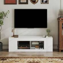 140cm TV Stand, TV Unit, 6 Compartments, 2 Glass Shelves, Particle Board, White - White - View 3