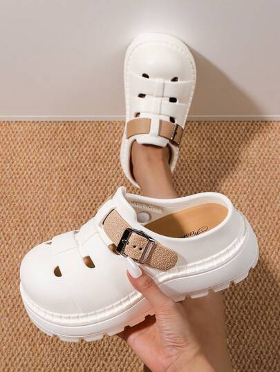Women's Casual Buckle Beach Slippers, Punk Hollow Slip-On Sandals, Thick Sole Non-Slip Slides, Summer Closed Toe Sandals