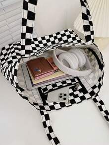 1个格子帆布手提包，大容量单肩包，带内袋，女士日常休闲格子手提包 - 黑與白 - 查看 9