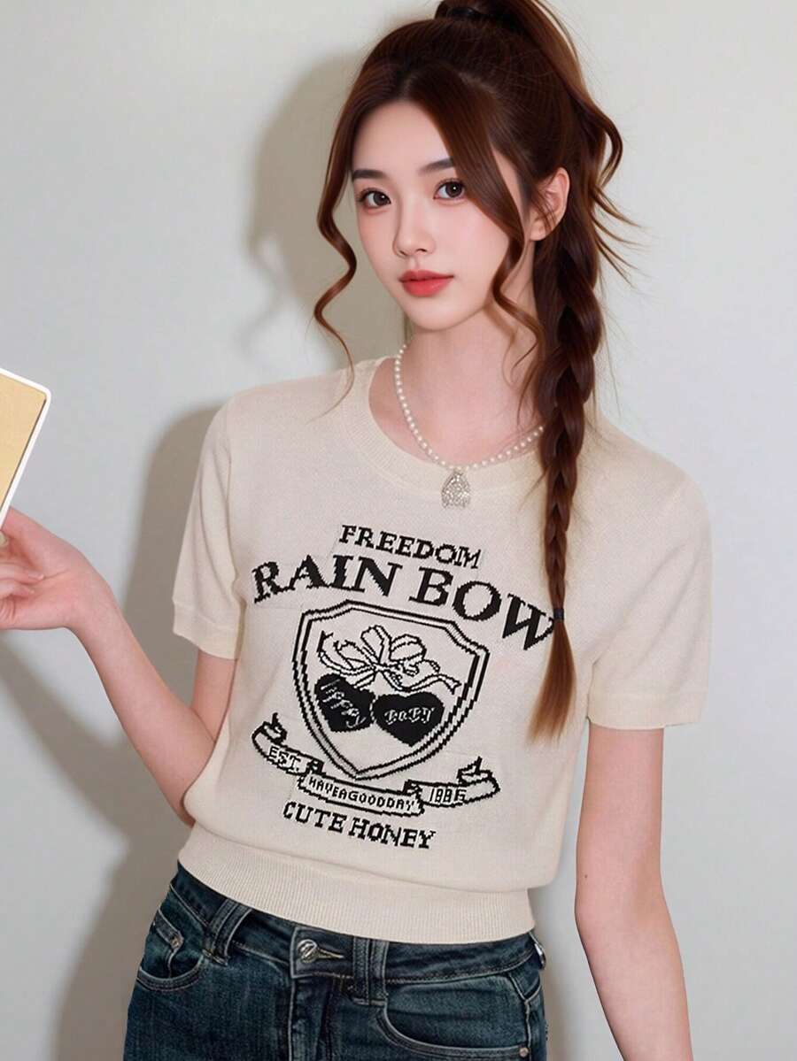 Alicedudu Áo dệt kim tay ngắn cổ tròn tối giản phong cách thường ngày dành cho nữ, thích hợp cho mùa hè. - Màu be - Xem 1