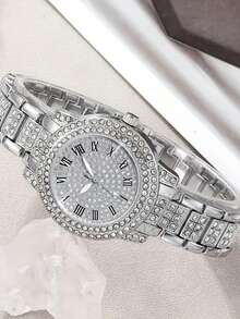 6pcs Luxury Women's Quartz Watch Set, Including Watch With Roman Numeral Dial, Diamond-Encrusted Bracelet, Earrings, Necklace And Ring. Silver-Tone Metal Finish With Double-Layer Pave Dial, Creating A Dazzling Luxurious Style And High-End Charm - Silver - View 5