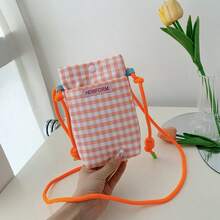 格纹迷你斜挎包，男女通用休闲单肩包，零钱包 - 橘色 - 查看 2
