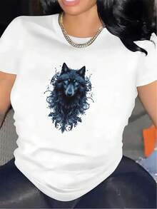 Intricate Wolf Design T-Shirt| Durable, Lightweight, Breathable Fabric, Comfortable Fit, Stylish Graphic Tee For Men And Women, Crew Neck, Print Pattern, Ideal For Casual Dining Room Wear - 黑色 - 查看 6