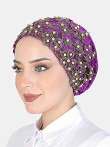 1pc Women's Muslim Shiny Beaded Headscarf Cap, Suitable For Daily Use - Multicolor - View 5