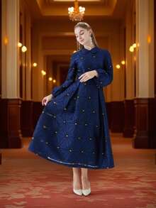 DEVCHATA 女士提花几何图案派对连衣裙，翻领，长袖，轻盈奢华，优雅风格，适合宴会、派对、晚宴、圣诞节、节日、新年等场合，秋季也可穿着，随机花卉图案 - 藍色 - 查看 5