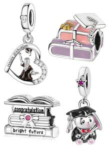 Fashionable & Delicate Romantic Graduation Series Charm Set Includes Heart, Girl, Book, Graduation Cap, Rabbit Graduate Beaded Pendant, Full Of Ceremonial Sense, Versatile DIY Bracelet Necklace Graduation Gift - Silver - View 1