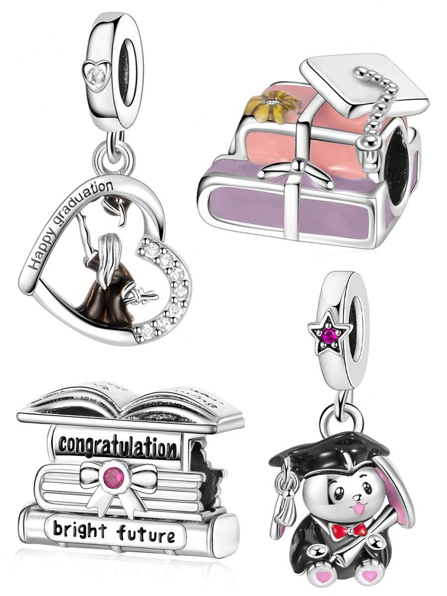 Fashionable & Delicate Romantic Graduation Series Charm Set Includes Heart, Girl, Book, Graduation Cap, Rabbit Graduate Beaded Pendant, Full Of Ceremonial Sense, Versatile DIY Bracelet Necklace Graduation Gift - Silver - View 1