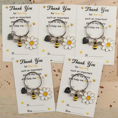1pc/3pcs/5pcs Bee & Daisy Enamel Keychain "Thank You For Bee-Ing" Appreciation Gift For Teacher Friend With Greeting Card