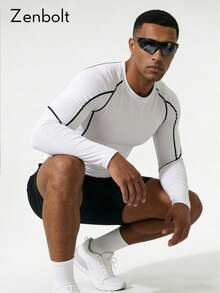 ZULIZ Zenbolt 男士日常健身多功能撞色缝线圆领修身长袖上衣 - 白色 - 查看 1