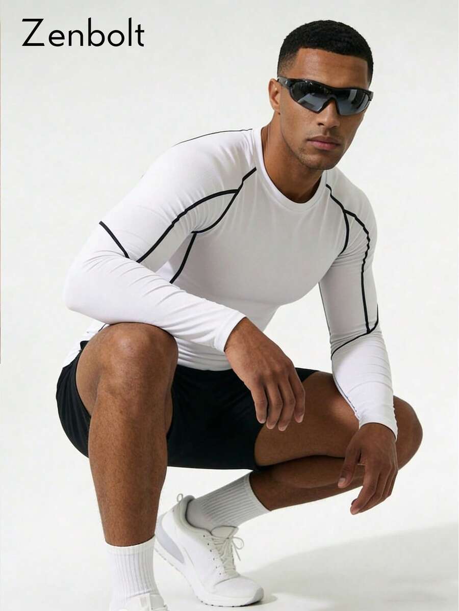 ZULIZ Zenbolt 男士日常健身多功能撞色缝线圆领修身长袖上衣 - 白色 - 查看 1