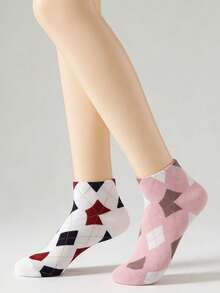 5/10 双装 女士菱形图案复古时尚舒适透气短袜 - 彩色 - 查看 9