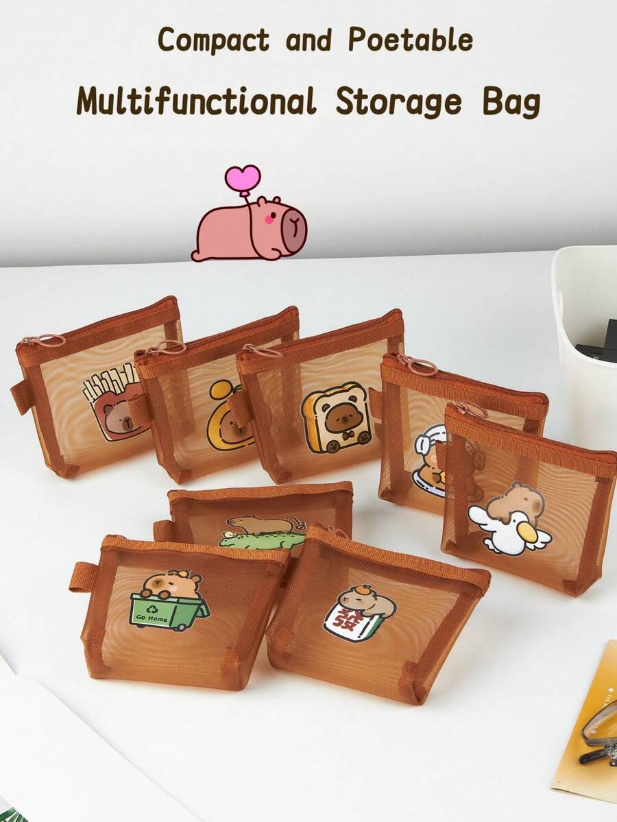 Mini Capybara Mesh Pencil Storage Bag, Portable Pouch For Pens Erasers, Cartoon Design Simple Transparent Pocket, Coin Purse Storage Pouch - Mesh Bag - View 1