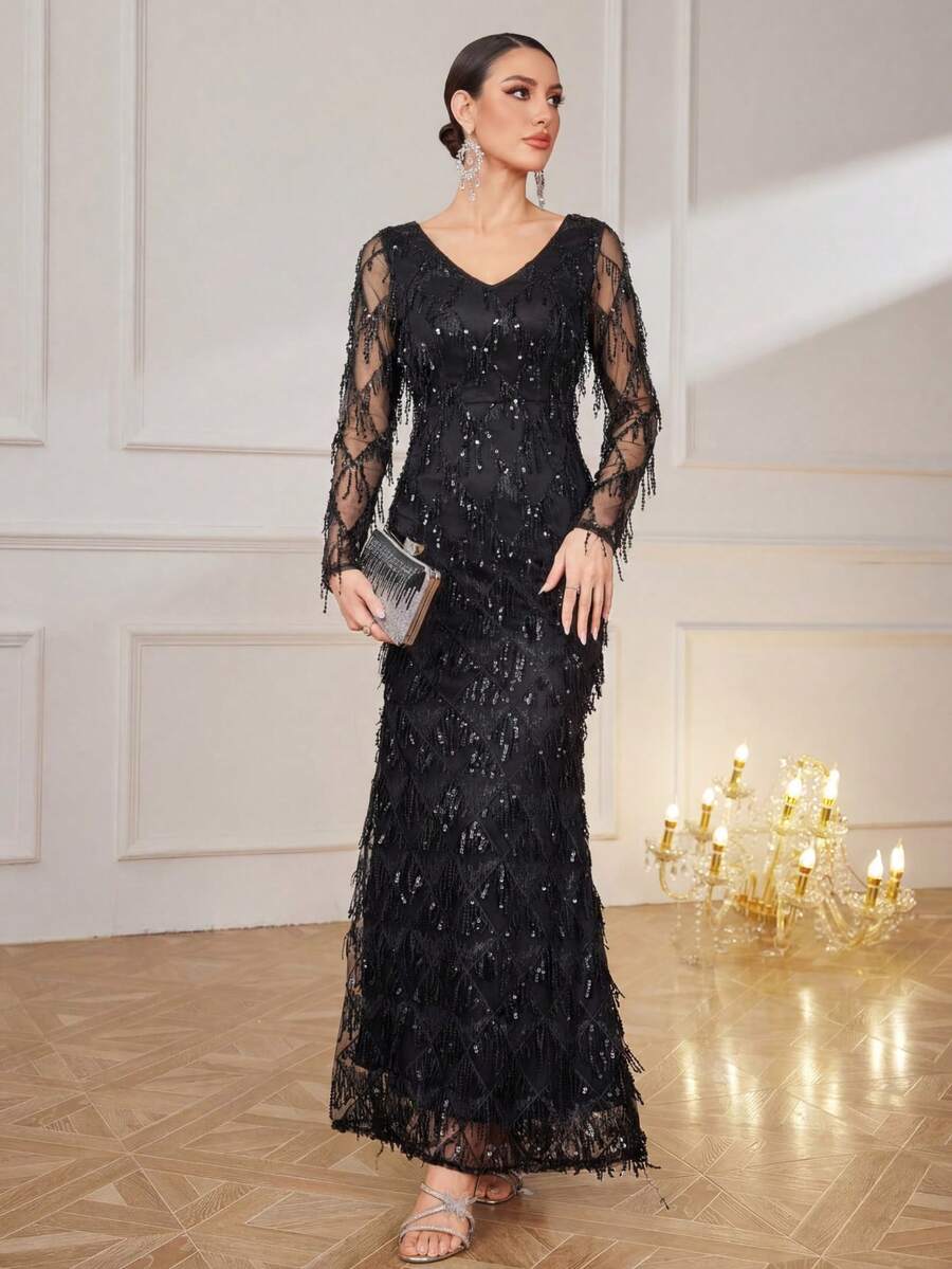 UNITHORSE Vestido formal y de noche de terciopelo con cremallera y parches de lentejuelas de unicolor para mujer, para boda y fiesta, primavera, negro - Negro - Ver 1