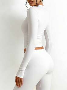 Fyxelle 女士 V 领长袖修身衬衫，休闲百搭，适合春夏穿着 - 白色 - 查看 3