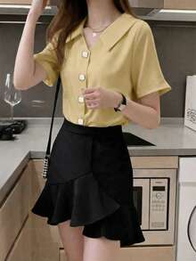 Fashionable Long Sleeve Design Satin Shirt, Solid Color Polyester, Front Button Closure Summer - Apricot - View 6