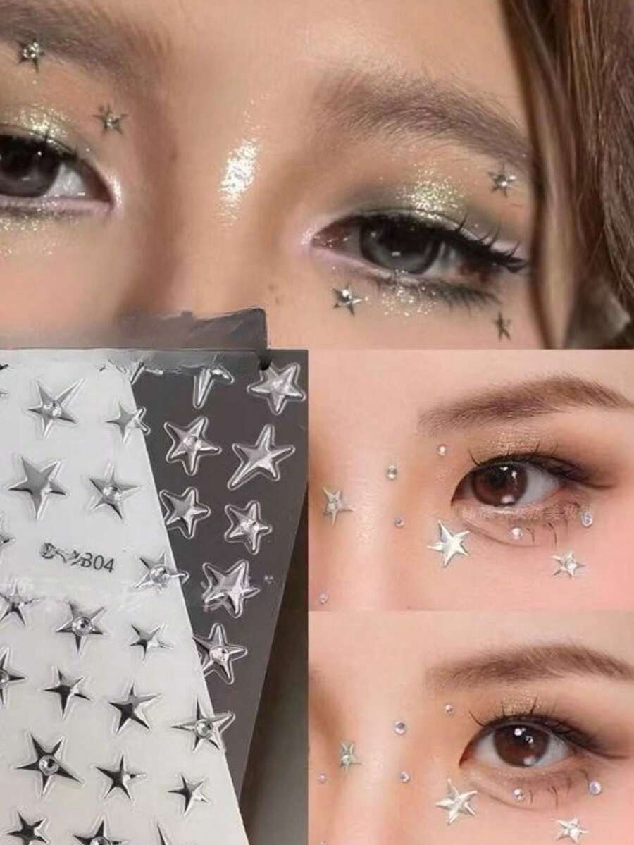 1 pieza Pegatina facial de metal con estrella de plata y rhinestones, adecuada para maquillaje de festivales de música, brillante y multiusos para estilo Y2K, coreano y decoración facial de carnaval, diseño de pentágono con rhinestones autoadhesivos - Multicolor - Ver 1