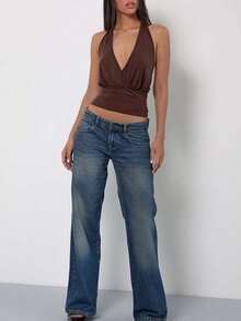 Women's Summer Halter Tops Stylish Solid Ruched Slim Fit Backless Sleeveless Vest - 棕色 - 查看 5