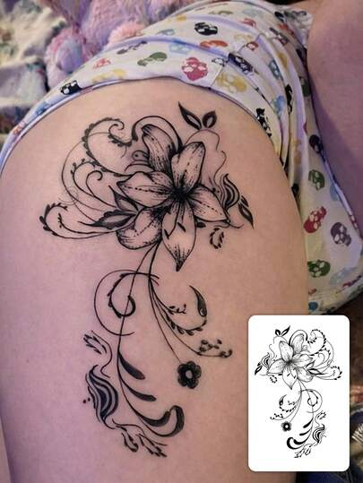 وشم مؤقت عصري مقاوم للماء بزهرة السوسن الأنيقة، ملصق وشم زهري دائم للفخذ