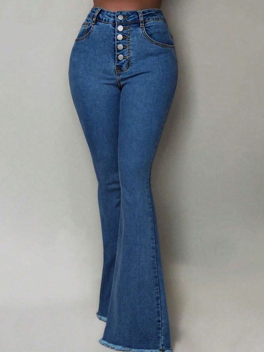 Women's Flare Jeans With Buttons, Classic Blue, And Frayed Hem - Retro Fitted Style - Medium Wash - View 1