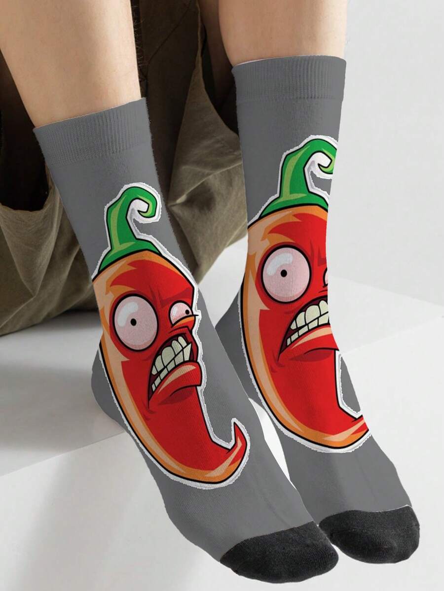 1 Pair Of Novelty Socks, Personalized 360 Print Socks, Unisex, Versatile Fashion Mid-Calf Socks, Street Style Couple Socks - Grey - View 1