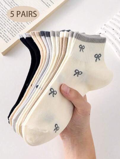 5 Pairs Women's Sweet Cute Bow Pattern Minimalist Ankle Socks With Ruffle Trim, Girls Socks, Fashionable Ins Style Comfortable White Socks, Random Colors, Suitable For Summer, Autumn And Winter
