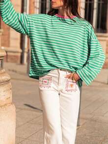 Women's Striped Casual Versatile Long Sleeve Top For Daily Wear Spring - Green-gray - View 5