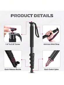 Chân máy đơn 61 inch này được làm từ hợp kim nhôm. Nó có 5 đoạn điều chỉnh độ cao, nhẹ và dễ mang theo. Đây là phụ kiện máy ảnh phù hợp với máy ảnh không gương lật và máy ảnh DSLR, và rất dễ mang theo. Nó cũng thích hợp cho các hoạt động như leo núi. - Xem 7