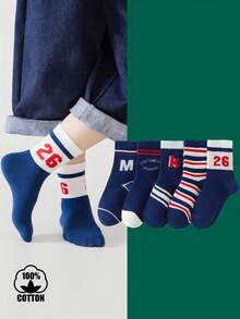 5 Pairs Boys' Cotton Striped Sports Socks, Football/Basketball Casual Striped Student Socks - Multicolor - View 10