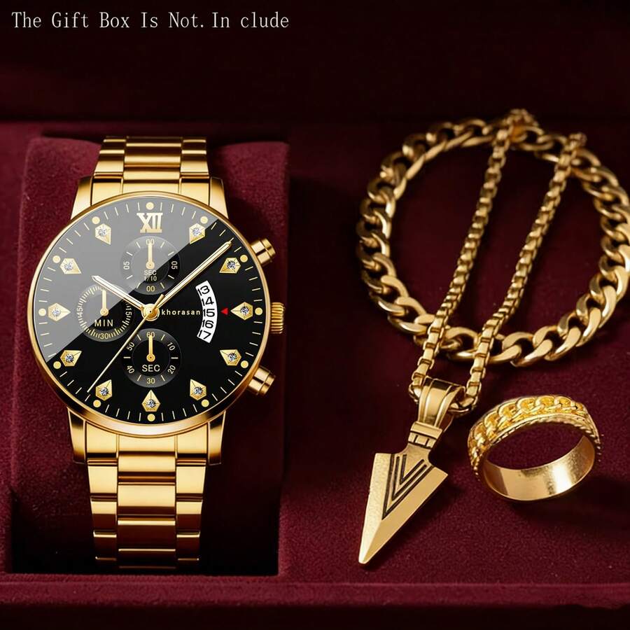 3 Pieces Set: Powerful Men's Watch, Multifunctional Quartz Watch, Necklace & Ring Set, Business/Party Gift Choice! - Gold - View 1