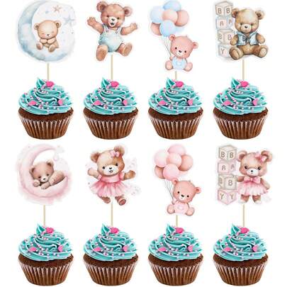 Đồ trang trí bánh cupcake hình gấu bóng bay màu hồng và xanh dương, đồ trang trí bánh cupcake hình gấu con, đồ trang trí bánh kem chủ đề động vật rừng, đồ dùng trang trí bánh sinh nhật màu hồng và xanh dương, dùng cho tiệc sinh nhật chủ đề gấu bông, tiệc tiết lộ giới tính, bánh ngọt và món tráng miệng.