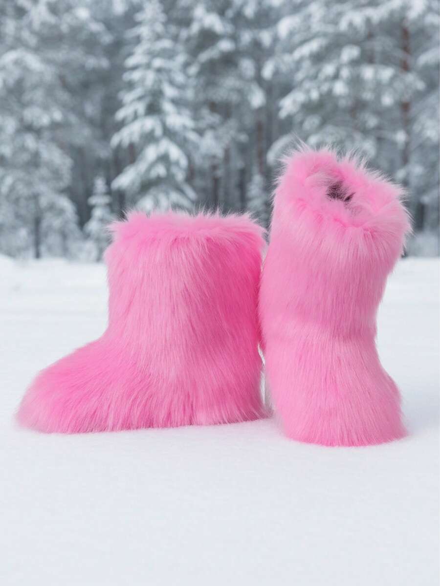 Womens Faux Fur Snow Boots Round Toe Non Slip Fuzzy Fluffy Mid Calf Warm Winter Boot For Ladies Goth Y2K Slip On Party Shoes Casual Dressy Wedding Riding Fashion Dressy Short Indoor Outdoor Boots For Women - 粉色 - 查看 1