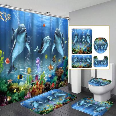 4pcs Underwater World Of Dolphins And Fish Shower Curtain Gift Modern Home Bathroom Decoration Curtain And Toilet Floor Mat 3 PiecesSet With 12 Shower Curtain Hooks