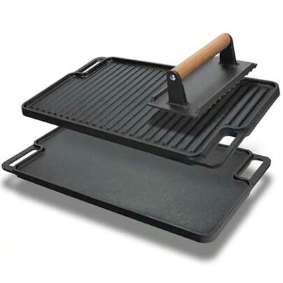 Cast  Griddle/Grill E Coo Set + Protective Mit Grill Press And Scrr- Pre-Seasoned Indoor And Outdoor Gas Stove Griddle- Stovetop Camping Or Ome Cong Non-Stick Griddle Pan