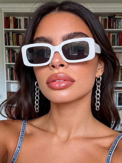 1 Pair Unisex Square Small Frame White Fashion Versatile Sunglasses, Suitable For Daily Life, Rave Parties, Music Festivals, Street Photography, Weekend Outfits, Family Outings, Fits All Face Shapes, Also Suitable For Back To School, College Style, Campus Style Occasions