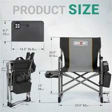 Overmont - Silla de camping ligera de gran tamaño Sillas de directores acolchadas con respaldo portátil con mesa auxiliar y bolsa enfriadora para campamento playa pícnic césped y pesca soporta - NegroGris - Ver 3