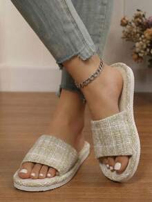 Women's Linen Indoor Slippers, Summer Non-Slip Thick-Soled Linen Flat Sandals, Soft Bottom, Fluffy Slippers - Yellow - View 7