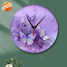 1 Modern Minimalist Purple Floral Wall Clock, Featuring Rose, Lily, And Butterfly Patterns - Round Clock Face, Suitable For Living Room, Bedroom, And Office Decoration - Elegant Faux Wood Decorative Clock, Also Suitable For Study, 2D Flat Design - Style 1 - View 2