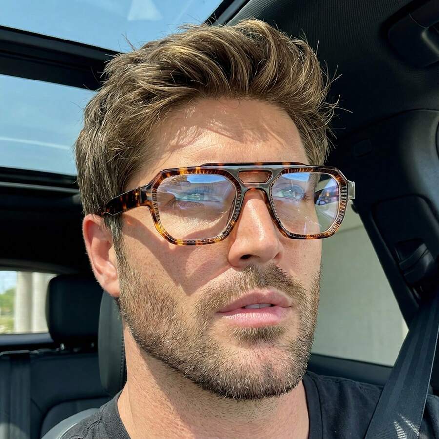 1 par de gafas de estilo retro de aviador con lentes transparentes, puente doble y estampado de leopardo personalizado, de estilo callejero para hombres - Multicolor - Ver 1