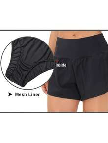 Womens High Waisted Running Shorts Quick Dry Athletic Workout Shorts With Mesh Liner Zipper Pockets - Black - View 6