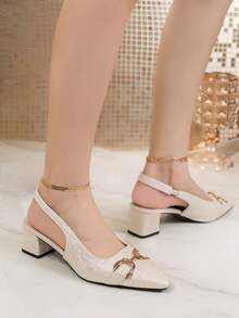 Giày sandal bít mũi thanh lịch dành cho nữ, gót trung bình, mũi nhọn, khóa kim loại, giày đi làm đa năng, giày thường ngày thoải mái. - Màu be - Xem 4